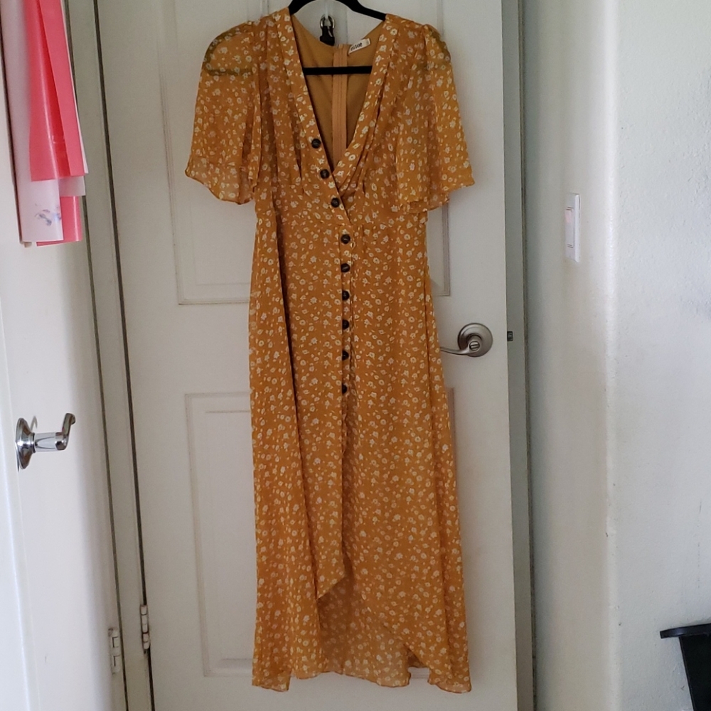 Mustard with floral print full length dress.